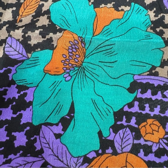 Vintage 80s 90s Square Silk Scarf Houndstooth Autumn Fall Leaves Rose Floral - Picture 6 of 14